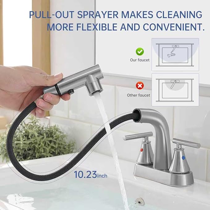 FRANSITON Bathroom Faucets with Pull Out Sprayer, 4 Inch Brushed Nickel Bathroom Faucet 3 Hole, 2 Handle Pull Down Sprayer Bathroom Sink Faucet with 360 Swivel Spout (Brushed Nickel)