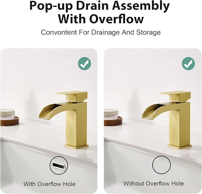 Faustina Brushed Gold Waterfall Bathroom Faucet, Single Handle Wide Spout Stainless Steel Gold Vanity Sink Faucet with Pop Up Drain & Deck Plate for 1 or 3 Hole