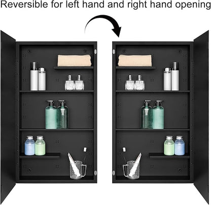 Fundin Black Medicine Cabinet Recessed or Surface Mount, Bathroom Medicine Cabinet with 20 x 36 Mirror Size and Adjustable Staggered Shelves
