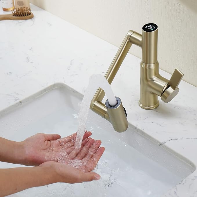 Lefton Bathroom Rotatable Faucet with Tempratrue Display in Celsius (Batteries-Free) & 3 Water Modes, BF2204-6C (Brushed Gold-Celsius)