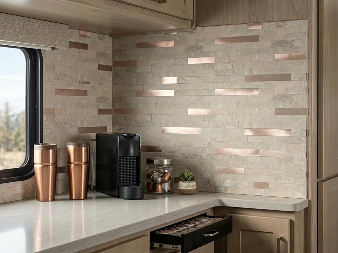 Yipscazo 10 Sheets Peel and Stick Stone Metal Backsplash, PVC Wall Tiles Stick on Tiles for Backsplash Kitchen, Bathroom, Fireplace (6'' X 12'', Beige Stone)