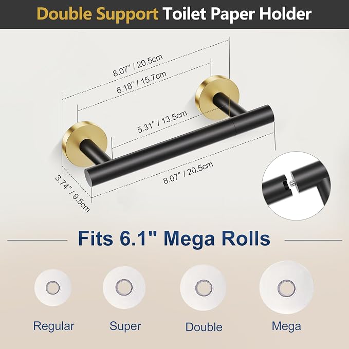 TQKAG 5 Piece Black and Gold Bathroom Accessories, Towel Racks for Bathroom | 23.6" Bathroom Hardware Set, SUS304 Stainless Steel, Double Post Pivoting, Towel Hooks, Toilet Paper Holder Set Wall Mounted