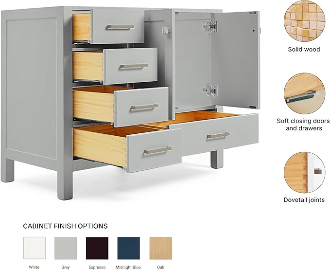 ARIEL Cambridge 42-inch Bathroom Vanity Base Cabinet,Solid Wood, 2 Soft Closing Doors, 5 Dovetail Drawers, Grey