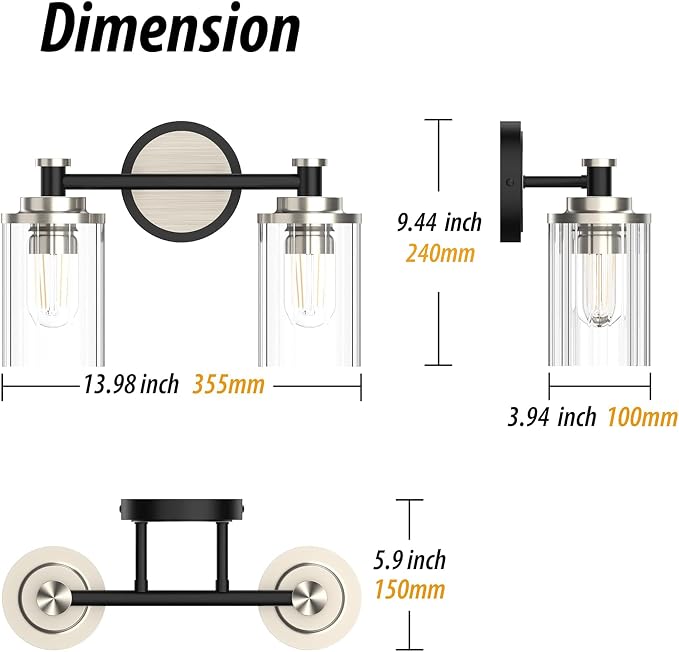 Bathroom Lighting Fixtures Black and Brushed Nickel Bathroom Vanity Light with Cylindrical Clear Stripes Glass Lampshade E26 Socket Base Bathroom Lighting Fixtures Over Mirror (2 Lights)