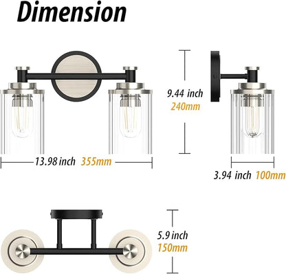 Bathroom Lighting Fixtures Black and Brushed Nickel Bathroom Vanity Light with Cylindrical Clear Stripes Glass Lampshade E26 Socket Base Bathroom Lighting Fixtures Over Mirror (2 Lights)