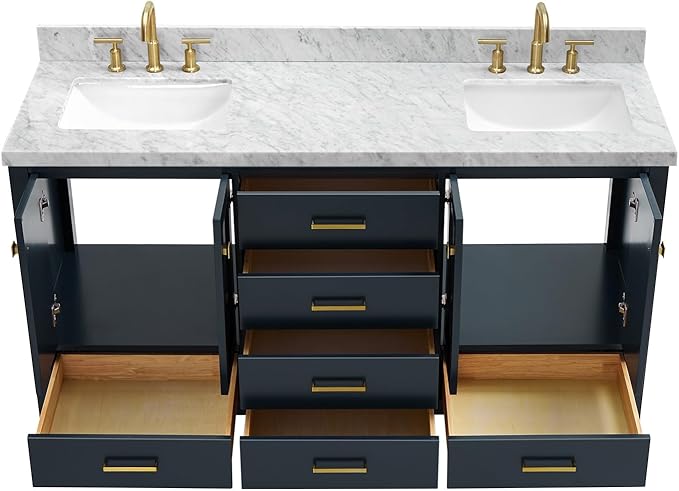 ARIEL Cambridge 66-inch Bathroom Vanity with Sink,Solid Wood, 1.5-inch Italian Carrara Marble Countertop, Double Rectangular Porcelain Sink, 4 Soft Closing Doors, 6 Dovetail Drawers, Midnight Blue