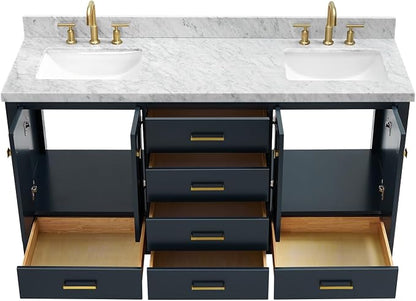 Beckford 66" Midnight Blue Double Bathroom Vanity with Sink, 1.5" Edge Italian Carrara Marble Countertop, 2 Rectangular Undermount Sinks, 4 Soft Closing Doors, 6 Dovetail Drawers, Satin Brass