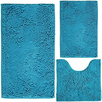 Bathroom Rugs Chenille 3-Piece Extra Soft and Absorbent Shag Bathroom Rugs, Machine Wash Mat, Strong PVC Non-Slip Underside, Plush Carpet Mats (Turquoise)