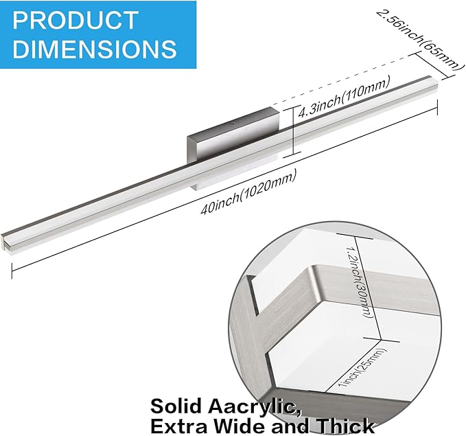SOLFART Bathroom Lighting Fixtures Over Mirror Brush Nickel 40 inch Vanity Lights 5CCT Dimmable LED Bathroom Light