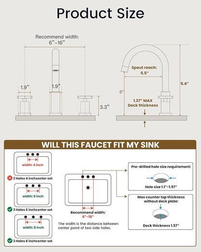 gotonovo 8’’ Widespread Bathroom Sink Faucet 3 Hole Black & Brushed Gold | Bathroom Faucet Vanity,6-16’’ Sink,Basin,RV,Lavatory,2 Cross Handle,SUS304,360° Swivel Spout,24’’ cUPC Hose,Pop Up Drain