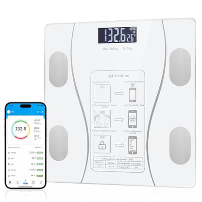 Smart Body Fat Scale with Led Display - Digital Bathroom Scale with Bluetooth, Accurate Body Composition Measurement, Muscle Mass, BMI, and Body Water Analysis (White)