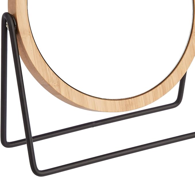 Amazon Basics Vanity Round Tabletop Mirror with Bamboo Rim, Double Sided Magnifying, 360° Rotation, Black, 7.2"L x 2.87"W