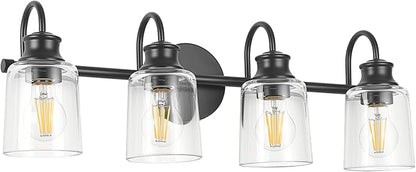 4 Lights Bathroom Light Fixtures Modern Black Vanity Lights | ETL Certificate, Easy to Install,Wall Mount Up or Down,Thickened Glass Lampshade,E26 Socket,Hardwired