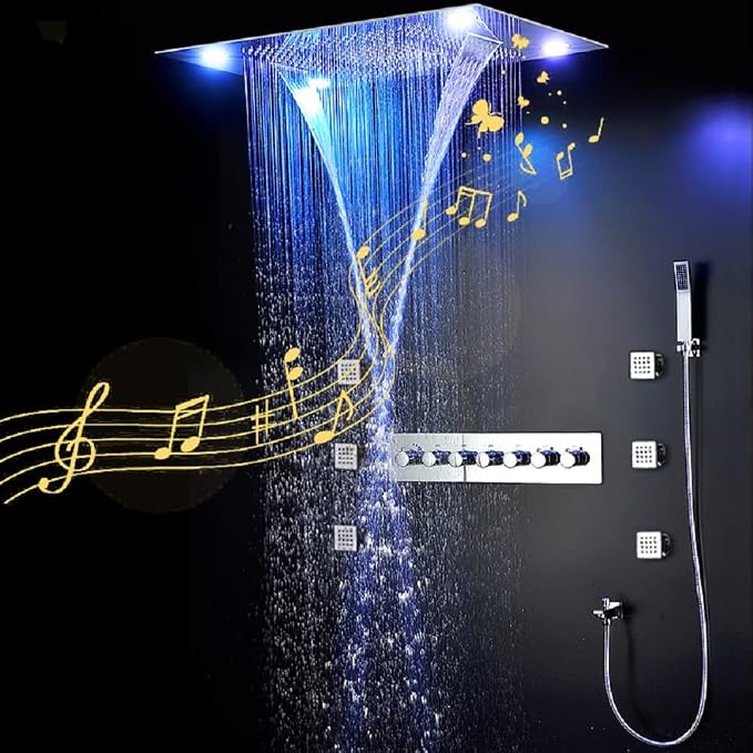 CASCADA 23"x31" LED Shower System with Handheld Shower | Luxurious Design 6 Functions (Rainfall, Waterfall, Curtain, Misty, Body Jets & Handheld) | 7 Knob Valve (Music, Rose Gold)