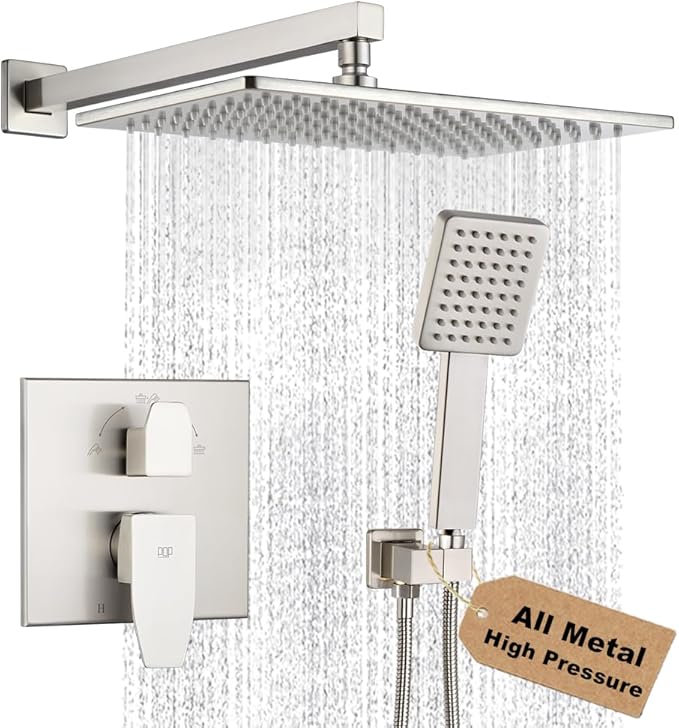 Shower Faucet Set Brushed Nickel Rainfall 12 Inch Shower Head and Handle Set Bathroom Rain Shower System Wall Mounted Shower Fixture Include Shower Valve and Trim Kit