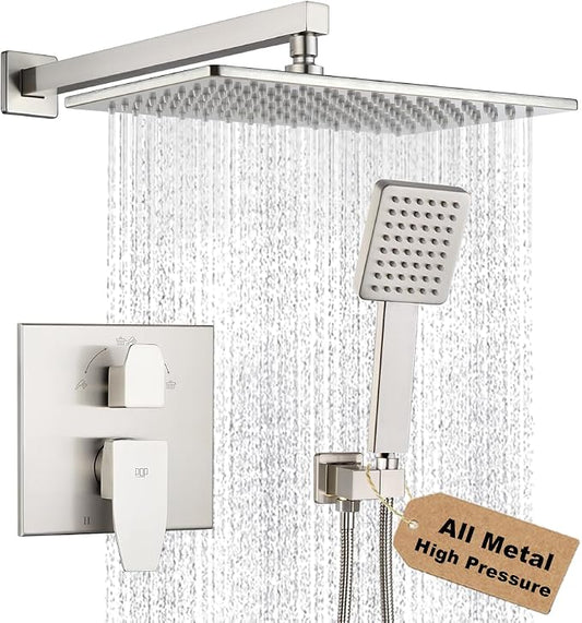 Shower Faucet Set Brushed Nickel Rainfall 12 Inch Shower Head and Handle Set Bathroom Rain Shower System Wall Mounted Shower Fixture Include Shower Valve and Trim Kit