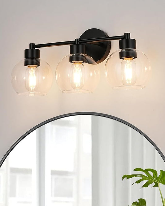WILON Black Bathroom Light Fixtures Over Mirror, 3-Light Bathroom Vanity Light with Clear Glass Shades, Farmhouse Bath Sconce Wall Lamp with E26 Base, Wall Sconces for Bedroom, Hallway