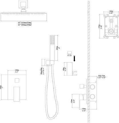 Lordear Rain Shower System 12 Inch Shower Head Faucet Set Matte Black Stainless Steel Square Wall Mounted Rainfall Shower Head with Handheld, Solid Brass Valve Included
