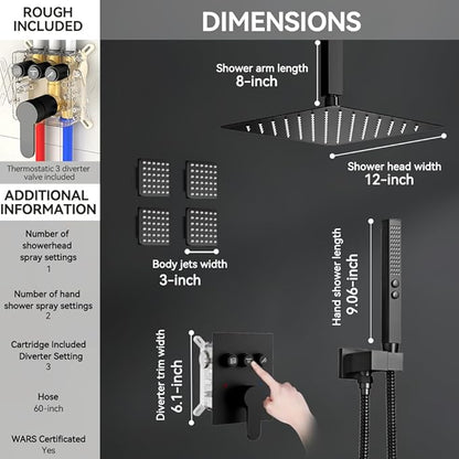 Shower System with Body Jets, STARBATH 12" Rainfall Showerhead with 2 in 1 Handheld Spray, Can Use All at Once, Wall Mount Push Button Complete Shower Faucet Set with Valve and Trim Kit Matte Black