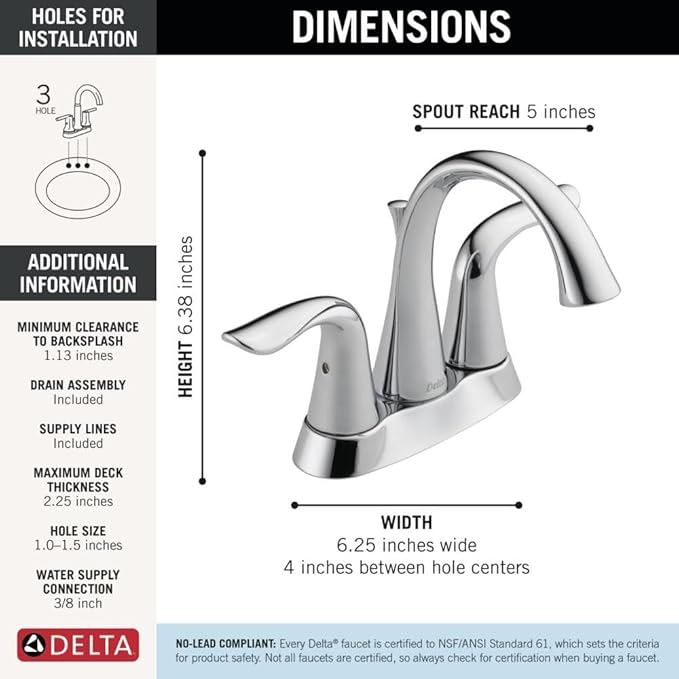 Delta Lahara Centerset Chrome Bathroom Faucet, 4 Inch 3 Hole Bathroom Sink Faucet for Vanity, Metal Push-Pop Drain Assembly, Chrome 2538-MPU-DST