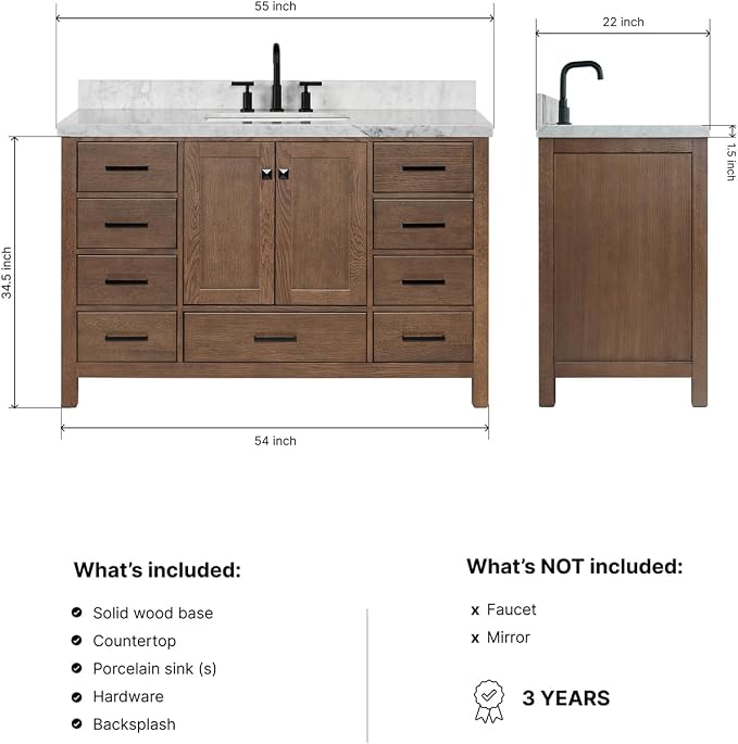 DKB Beckford 54-Inch Brown Oak Single Bathroom Vanity with Sink, 1.5-Inch Edge Italian Carrara Marble Countertop & 4" Backsplash, Soft-Closing Doors & Drawers, Solid Oak Wood Construction