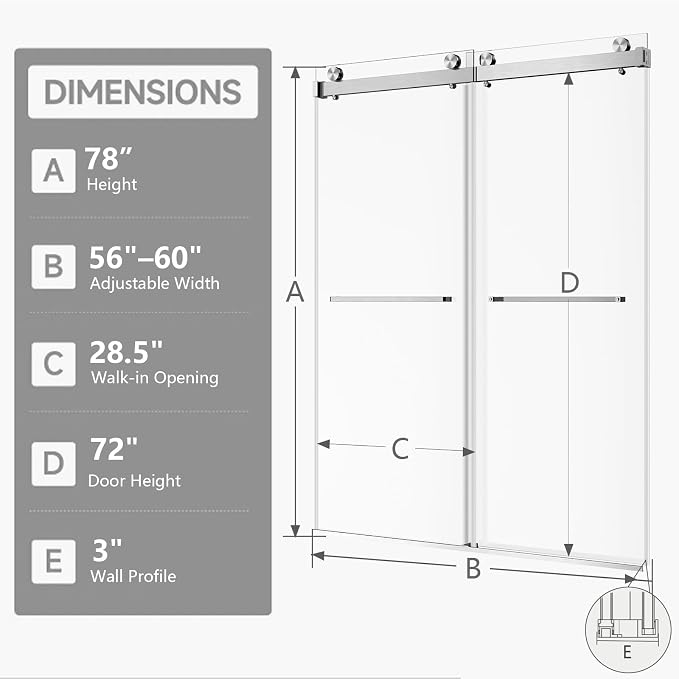 56–60" W × 78" H Frameless Sliding Glass Shower Door, 3/8" (10mm) Thick Tempered Glass, Stainless Steel Hardware, Double Sliding Shower Doors for Walk in Shower, Brushed Nickel