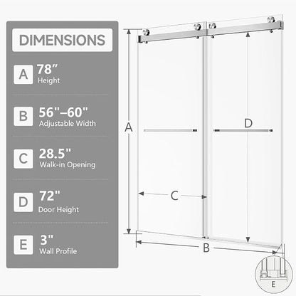 56–60" W × 78" H Frameless Sliding Glass Shower Door, 3/8" (10mm) Thick Tempered Glass, Stainless Steel Hardware, Double Sliding Shower Doors for Walk in Shower, Brushed Nickel