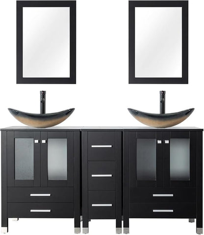 LUCKWIND 60" Double 24" Bathroom Vanity with Sink Combo, Elegant Series with One 12.6-in Side Cabinet, Painted Frame, Including Champagne Boat Sinks, Faucets Without Mirrors, Black