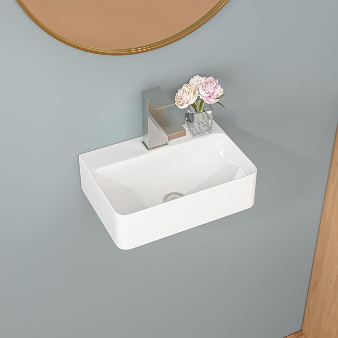 Sarlai Small Wall Mounted Vessel Sink Floating Corner Bathroom Sink | Wall Mount Ceramic Wall hung Pure Glossy White Ceramic Wash Basin 14.5x10x4.2 Inch for Tiny Room