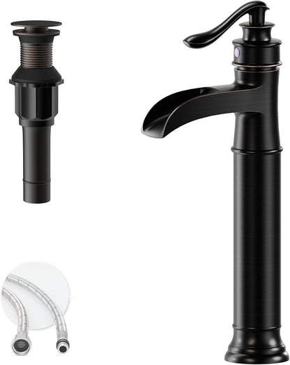 Bathroom Vessel Sink Faucet Waterfall Single Handle Single Hole | Oil Rubbed Bronze,Brass,Pop Up Drain without Overflow,Supply Line,Easy to Clean,Easy Installation,Rust Resistant,Minimalist