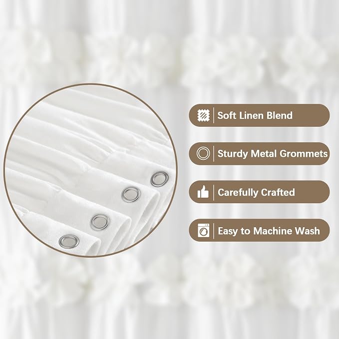 Ruffle Farmhouse Linen Shower Curtain with Vintage Cotton White 72"W x 72"H | Soft Cotton Cloth, Ruffle Bow and Ruffled Hem，Linen Texture，Machine Washable，12 Metal Holes and Plastic Hooks