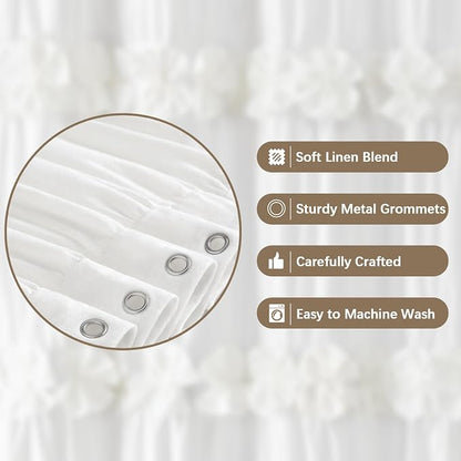 Ruffle Farmhouse Linen Shower Curtain with Vintage Cotton White 72"W x 72"H | Soft Cotton Cloth, Ruffle Bow and Ruffled Hem，Linen Texture，Machine Washable，12 Metal Holes and Plastic Hooks