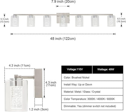 SineRise 7-Light Brushed Nickel Vanity With 3 Color Modes (3000K/4000K/6000K), Eye Protection LED Bathroom Fixture, Dimmable Modern Wall Light Over Mirror With Clear Glass Shade