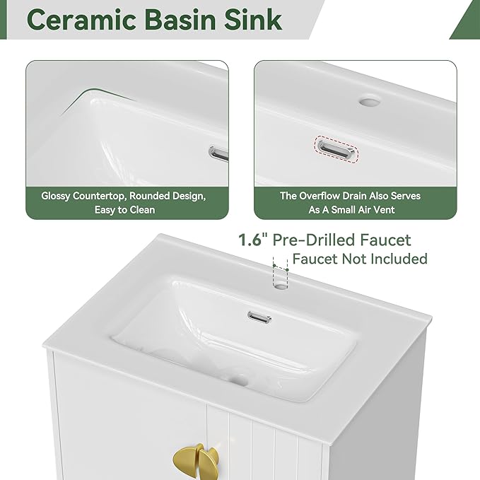 24" Bathroom Vanities Cabinet with Sink Combo, Wall Mounted Floating Storage Cabinet Modern with Ceramic Sink,Soft-Close System, 2 Doors & Metal Handles, Blue