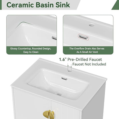 24" Bathroom Vanities Cabinet with Sink Combo, Wall Mounted Floating Storage Cabinet Modern with Ceramic Sink,Soft-Close System, 2 Doors & Metal Handles, Blue