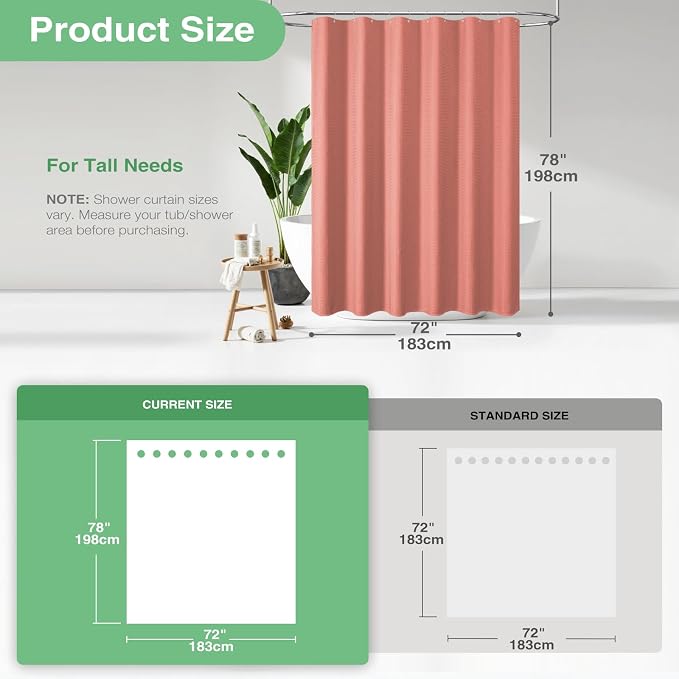 Long Waffle Shower Curtain 256 GSM Heavy Fabric 72x78 Coral | 78 Inch Long, Thick Cloth, Weighted Hem, Water Repellent, Tall Hotel Luxury Polyester Shower Curtains for Bathroom 12 Hooks