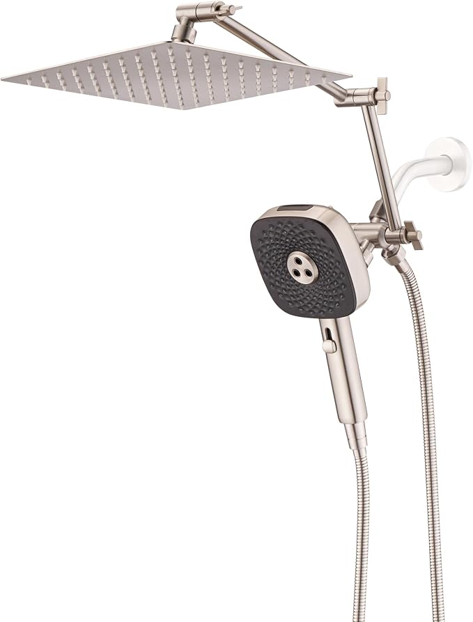 10" Rainfall Shower Head with Handheld Combo, High Pressure Dual Showerhead with Square Rain& Magnetic Hand Sprayer, 15" Adjustable Metal Extension Arm (Brushed Nickel)