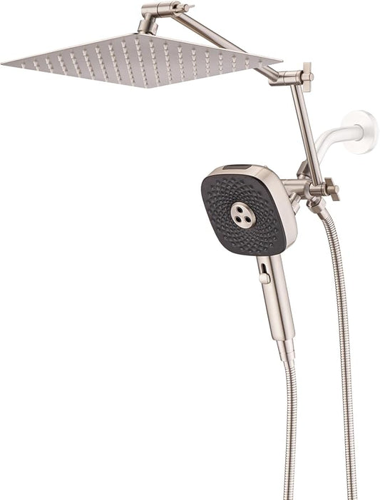 10" Rainfall Shower Head with Handheld Combo, High Pressure Dual Showerhead with Square Rain& Magnetic Hand Sprayer, 15" Adjustable Metal Extension Arm (Brushed Nickel)