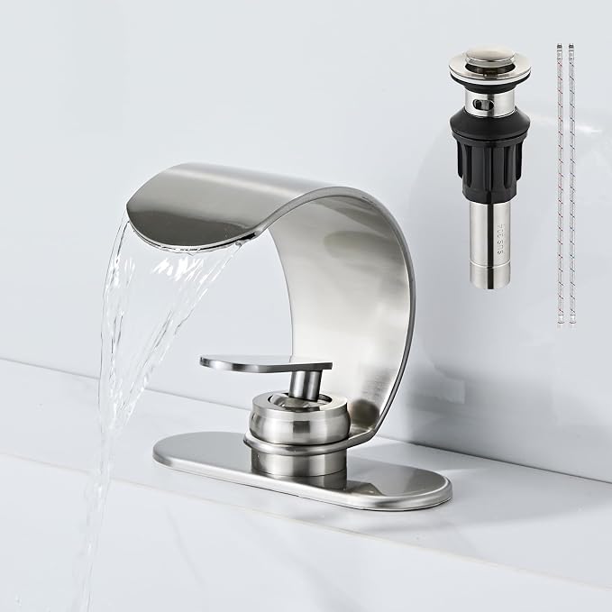 Brushed Nickel Waterfall Bathroom Sink Faucet, Modern Single Hole 1 Handle Vanity Faucet with Pop-Up Drain & 2 Hoses, Stainless Steel Deck Mount Lavatory Faucet for Bathroom Sink
