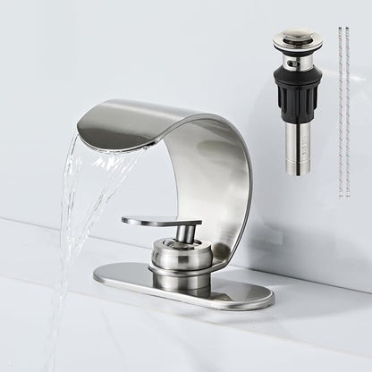 Brushed Nickel Waterfall Bathroom Sink Faucet, Modern Single Hole 1 Handle Vanity Faucet with Pop-Up Drain & 2 Hoses, Stainless Steel Deck Mount Lavatory Faucet for Bathroom Sink
