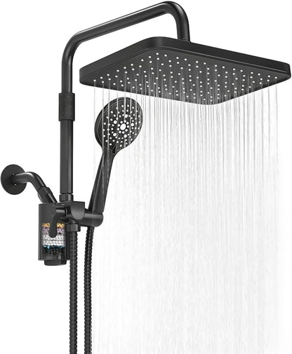 12 Inch Shower Head with Filters Rain Shower Head with Handheld Spray Combo | Filtered Shower Heads with Handheld,High Pressure Rainfall Dual Showerhead,Adjust Height and Angle of Extension Arm,Black