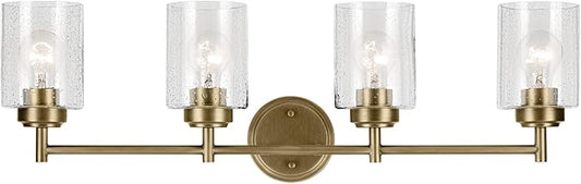 Kichler Winslow 30" 4-Light Vanity Light with Clear Seeded Glass in Natural Brass for Bathroom Vanity, Luxe Industrial, (30" x 9.25"), 45887NBR