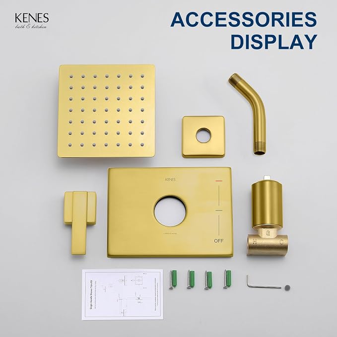 KENES Brushed Gold Shower Faucet, Modern Square 6-Inch Shower Head and Handle Set, Bathroom Rainfall Shower System Wall Mount, KE-6025B-4 (Including Shower Valve)