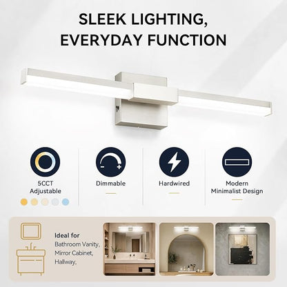 SOLFART Bathroom Lights Over Mirror, 24 Inch Brushed Nickel LED Vanity Light, 5CCT Dimmable, Built-in Dimmer, 4-Way Adjustable, ETL IP44
