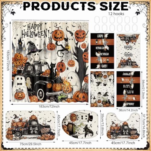 FuWeave 8 Pcs Halloween Shower Curtain Set for Bathroom Decor Include Vintage Ghost Pumpkin Black Truck Towels Non Slip Skull Rugs Toilet Lid Cover Halloween Spider Web Bath Mat and 12 Hooks