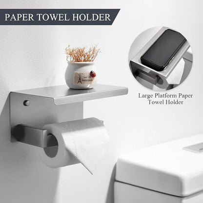 TURS Bathroom Hardware Set 4-Piece Brushed Bath Towel Bar Set Include 24 Inch Towel Bar Hand Towel Holder Towel Hook Toilet Paper Holder with Shelf Stainless Steel Bathroom Accessories Set