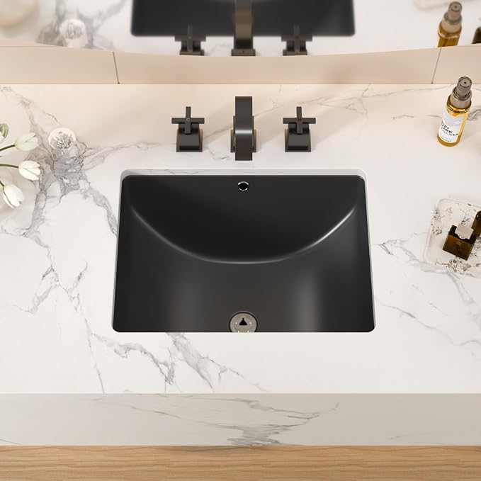 Black Ceramic 18"x14" Undermount Bathroom Lavatory Sink | Rectangle under counter black bathroom vessel sink for bathroom with overflow