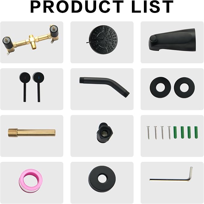2 Handle Shower Faucet Set with Tub Spout Matte Black Two Handles Shower Faucet Set Bathtub Shower Faucet Combo, Wall Mount