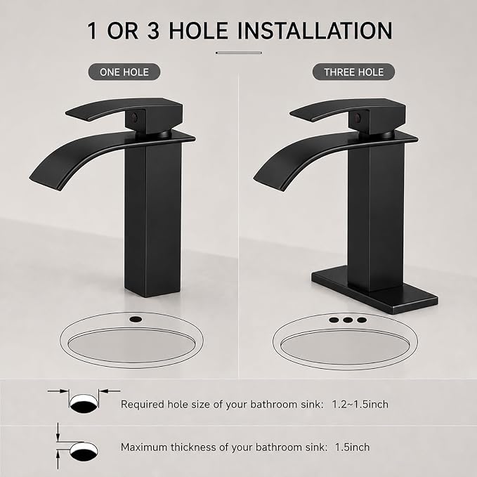 VOTON Black Bathroom Faucets, Waterfall 1 Hole Faucet with Deck & Drain | Single-handle lead-free SUS304 faucet | includes pop-up drain, cUPC supply hoses and 6 in deck plate for 1 or 3-hole sinks