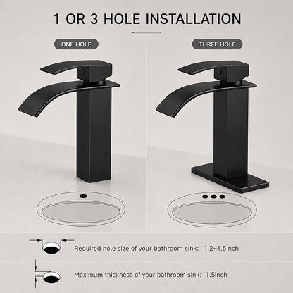VOTON Black Bathroom Faucets, Waterfall 1 Hole Faucet with Deck & Drain | Single-handle lead-free SUS304 faucet | includes pop-up drain, cUPC supply hoses and 6 in deck plate for 1 or 3-hole sinks